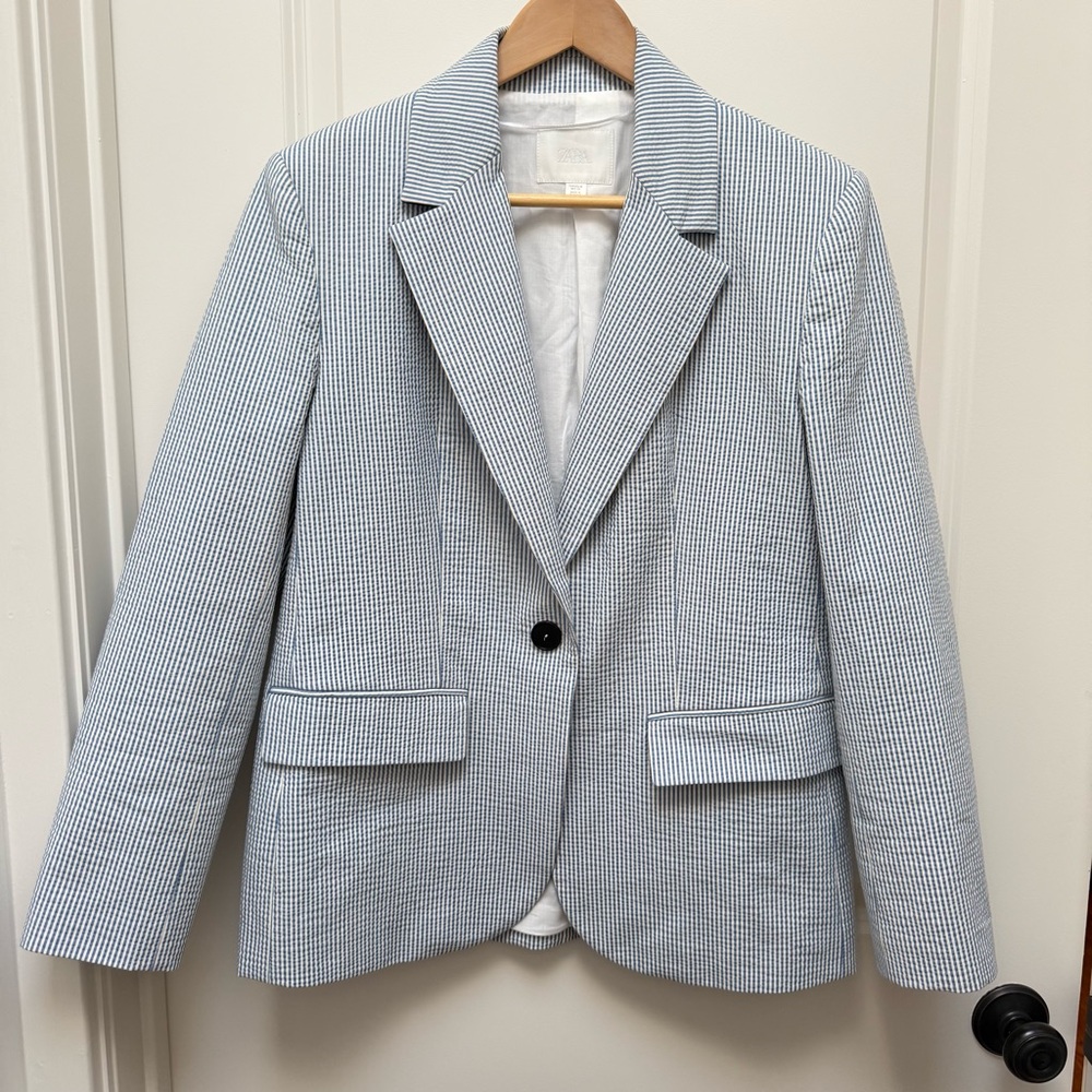 Zara Seersucker Blazer Blue and White Size M - Picture 7 of 9